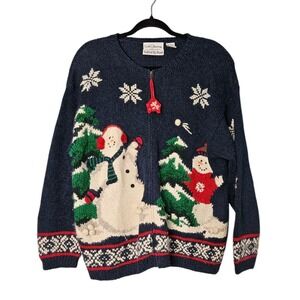 Croft & Barrow Blue Christmas Snowman Hand Knit Zip Sweater Womens Large Vtg.